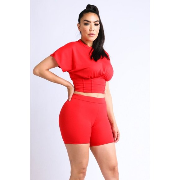 Women's Short Sleeves Corseted Top And Matching Biker Shorts 2 Piece Outfit Set - Picture 2 of 9